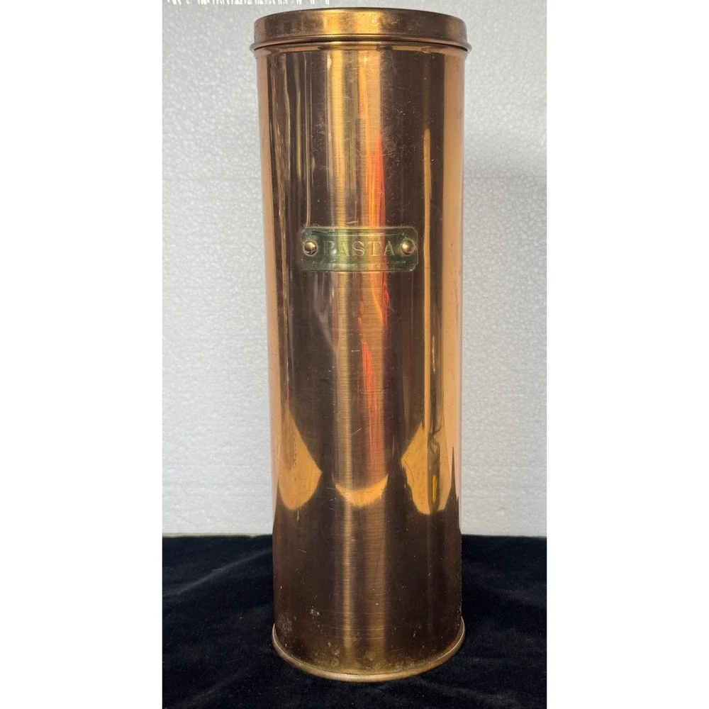 Vintage Solid Copper Pasta Canister Tall Cylinder Storage Jar Korea Brass Label